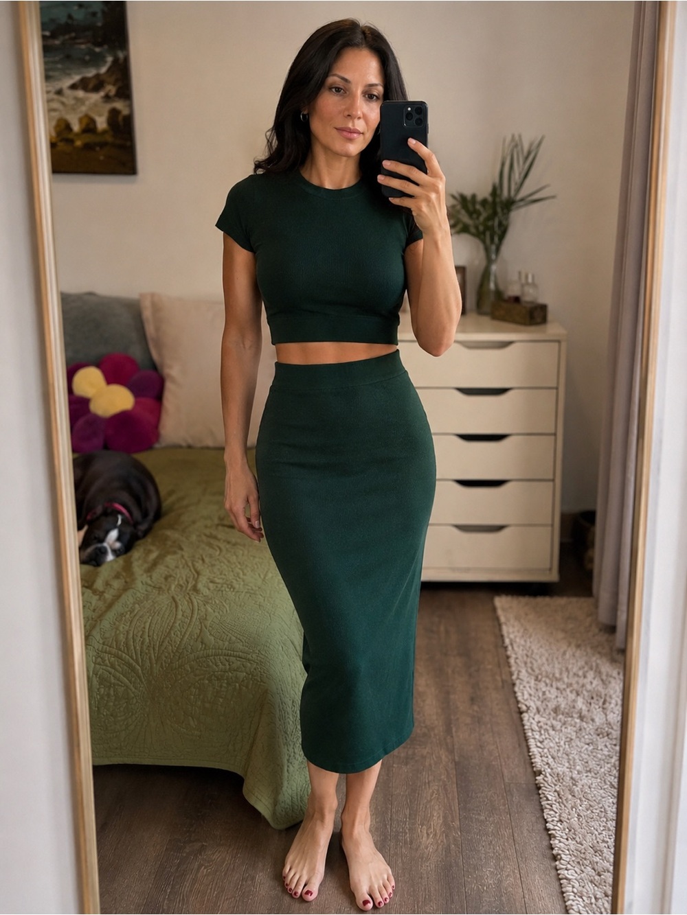 Dark Green Ribbed Midi Skirt - Women's